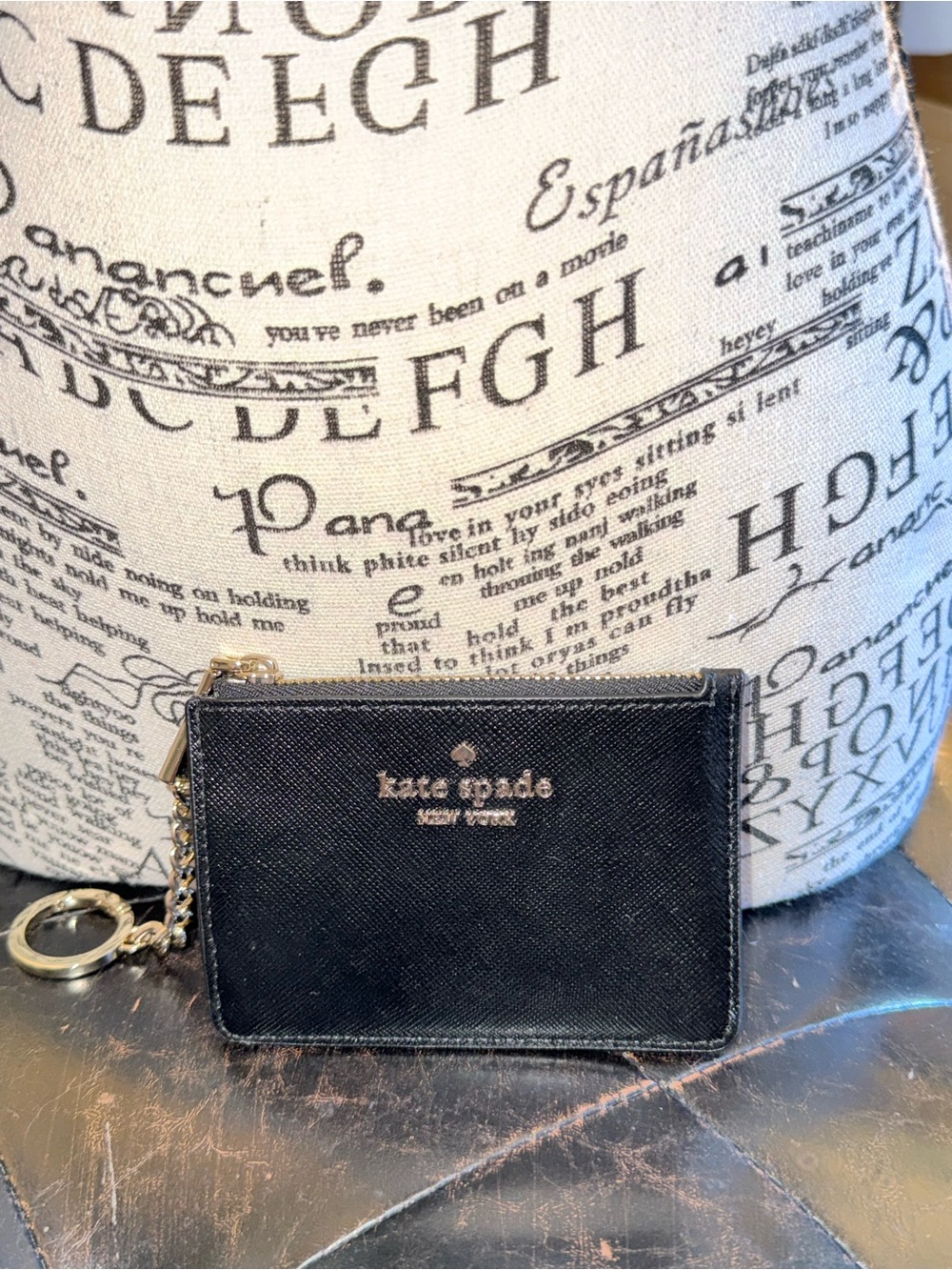 kate spade black leather card case with gold-tone keyring NWOT